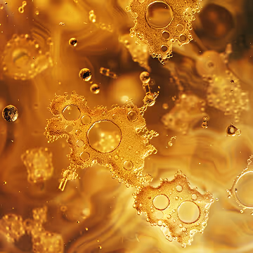 Close-up of golden liquid bubbles and droplets floating in warm amber-toned fluid.