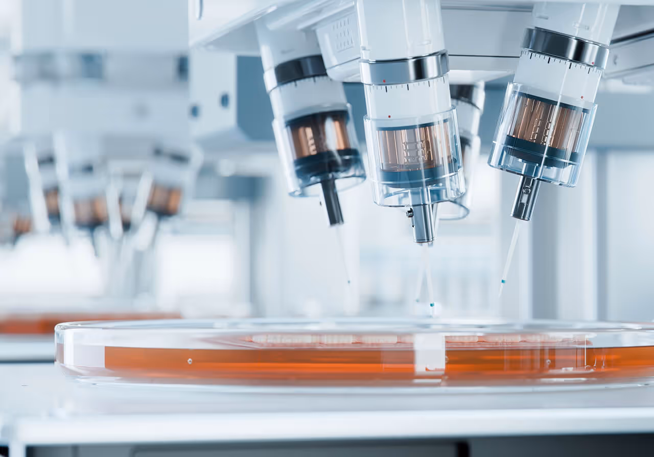 Close-up of automated pipettes dispensing liquid into a petri dish in a laboratory.