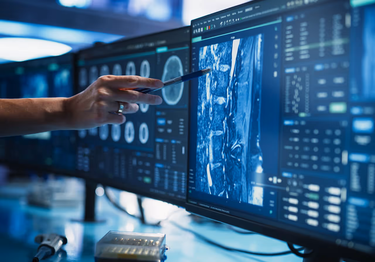 Hand pointing with a pen at a spinal MRI scan displayed on a medical computer monitor.